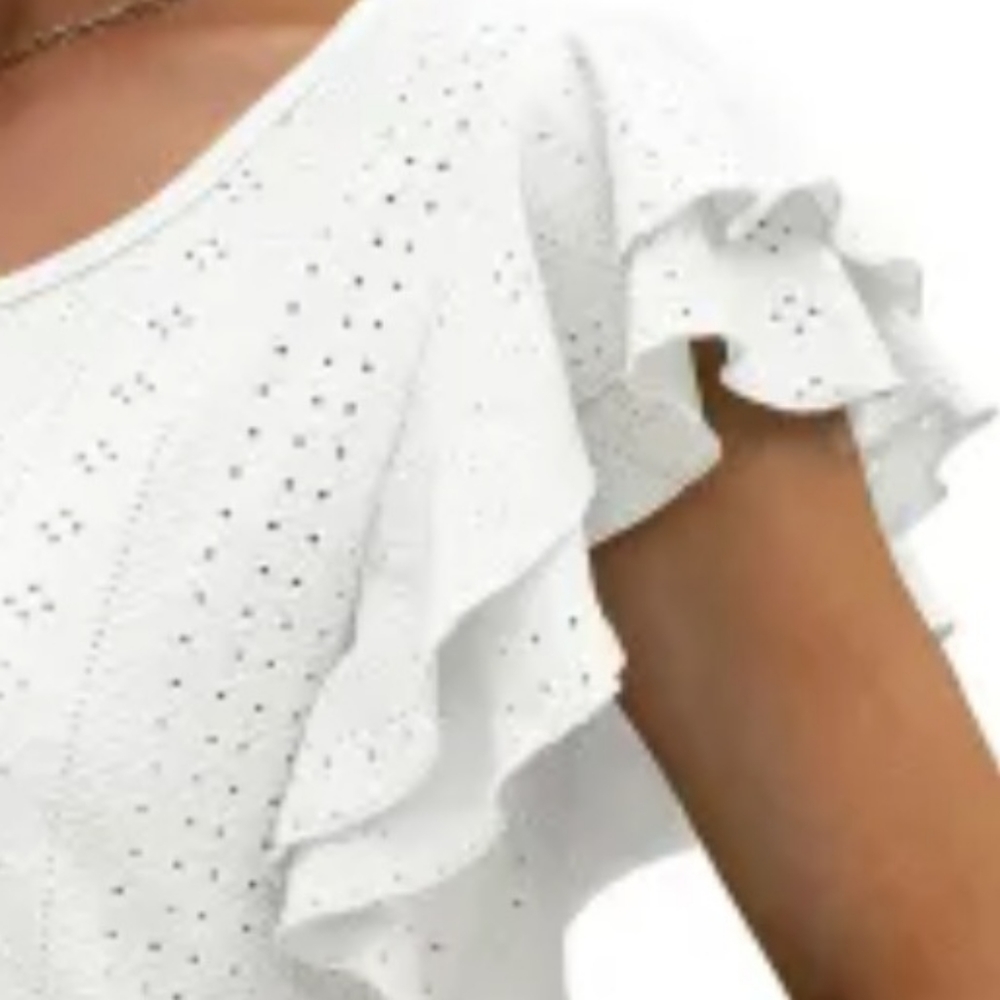 NEW! White Eyelet Textured Ruffle Short Sleeve Blouse - Picture 3 of 12
